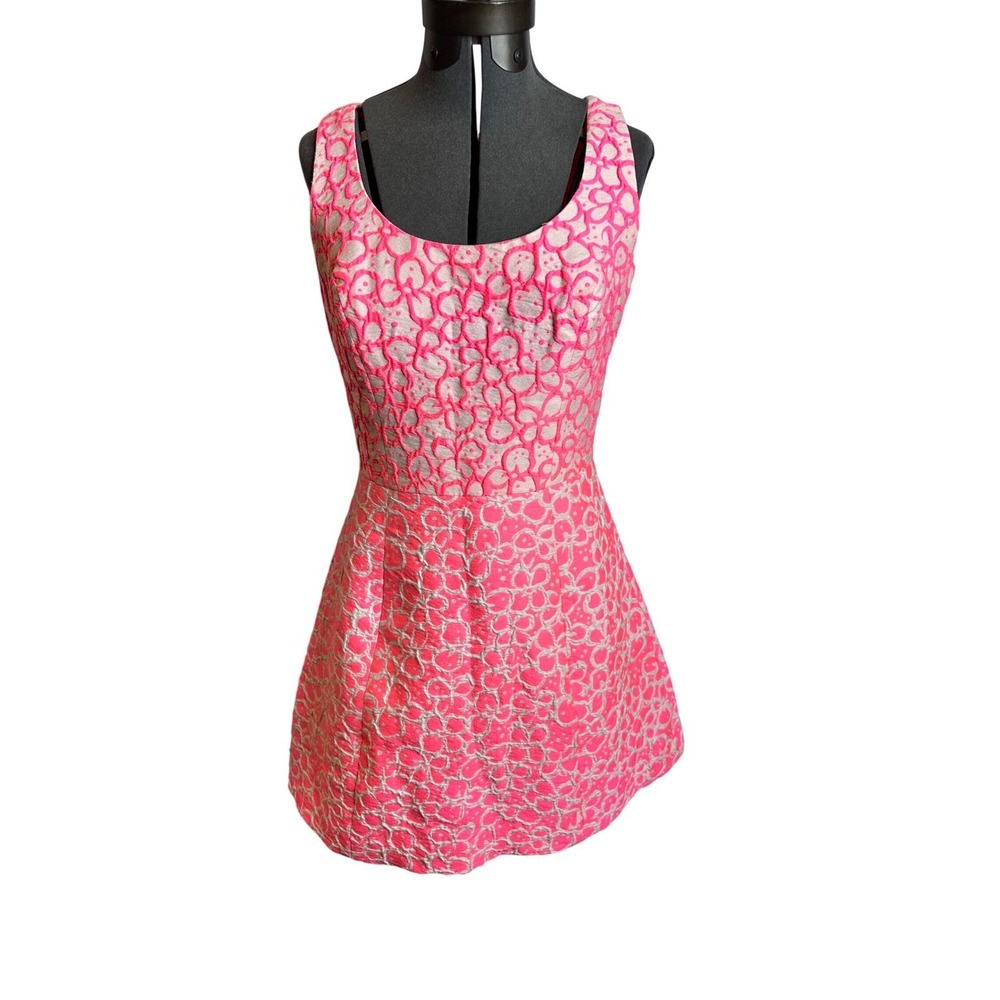 LILLY PULITZER Neon Pink White Floral Jacquard Fit and Flare Dress Size 4 Mini - Picture 2 of 12